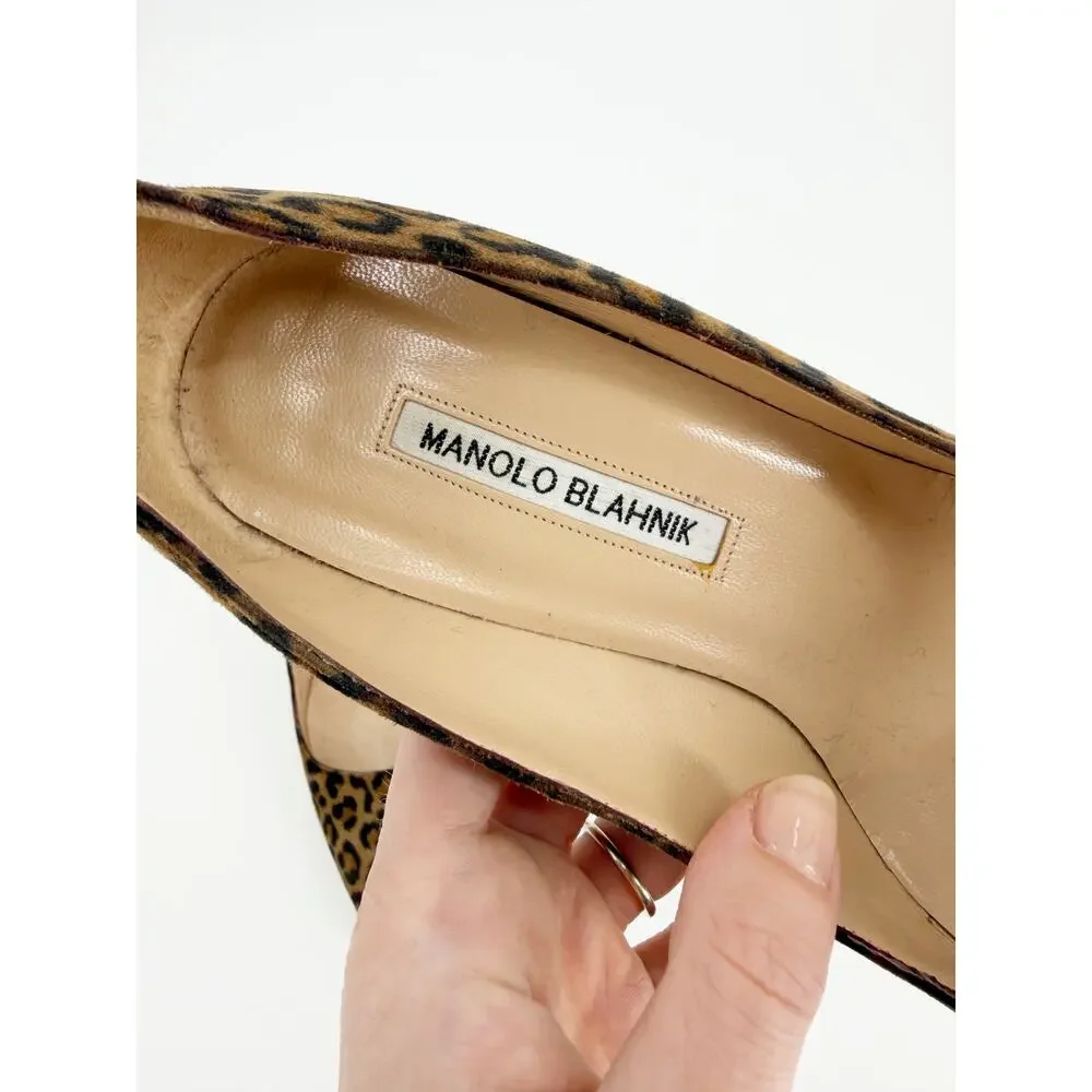 Manolo Blahnik BB Leopard Print Suede Pointed Toe Stiletto Pumps Size 38 EU 7.5